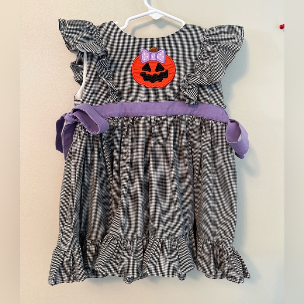 Smocked Polka Dot Halloween Pumpkin Dress with Purple Accents